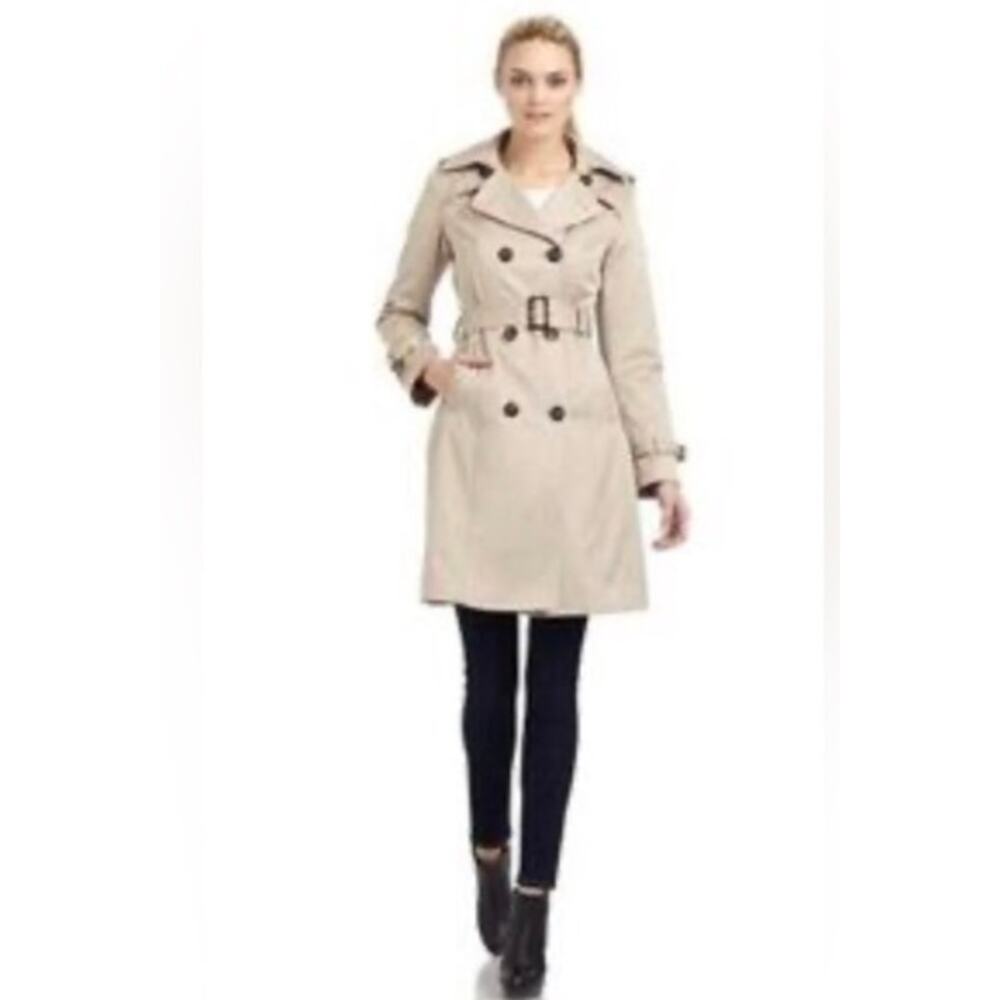 Dawn Levy Womens M Beige Belted Pleated Button Up Rain Trench Casual Coat Jacket